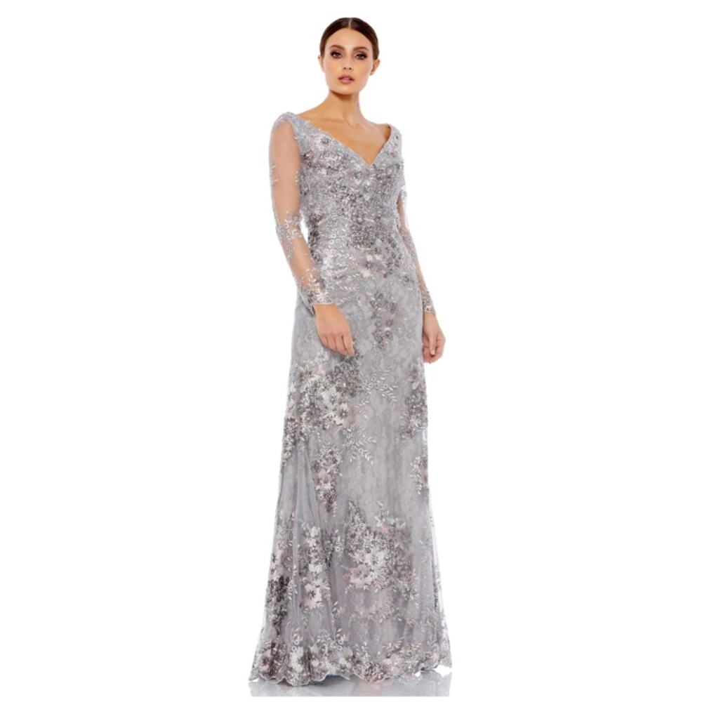 Mac Duggal 16 platinum embellished v neck illusion long sleeve gown lace bride